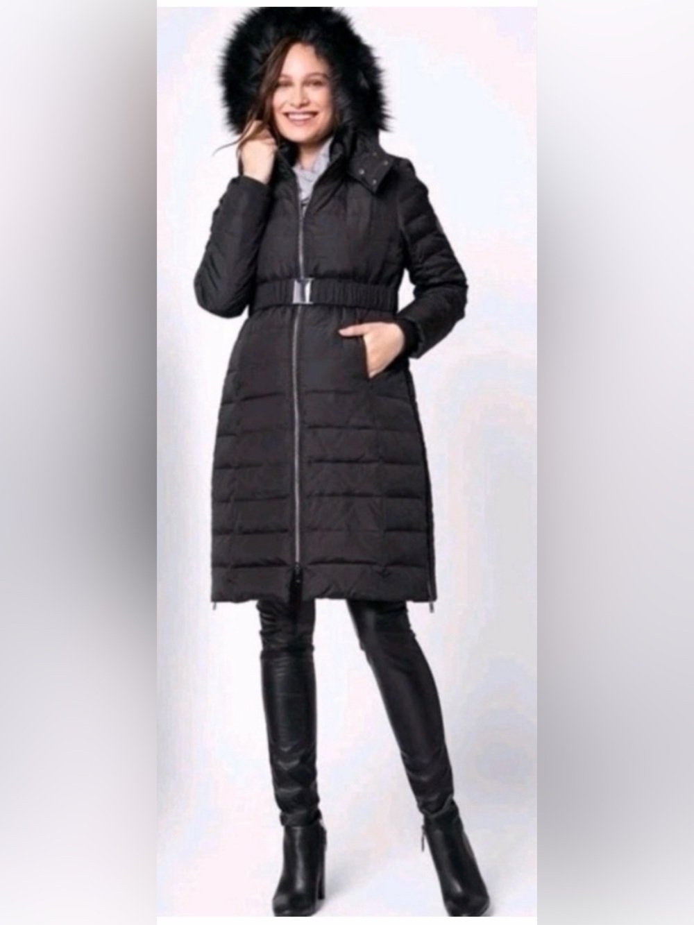 NWT Seraphine Maternity Green-Gray Quilted Long Puffer Coat with Hood and Belt